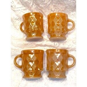 Vintage Fire King Anchor Hocking Diamond Peach Luster Coffee Mugs Set 4